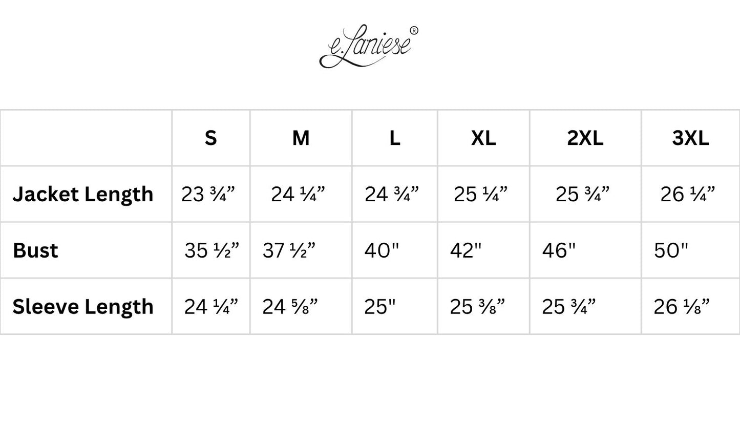 Size chart for jackets with measurements in inches, featuring the brand 'eLanier'.