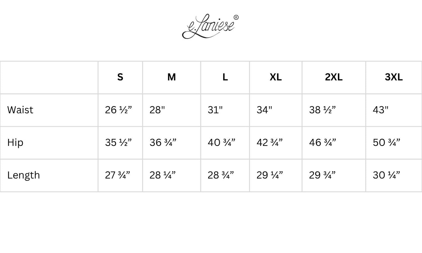 Size chart for clothing with waist, hip, and length measurements in inches, featuring the brand 'e.Laniese'.