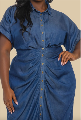 Close up of the ruching of the Denim Diva Dress