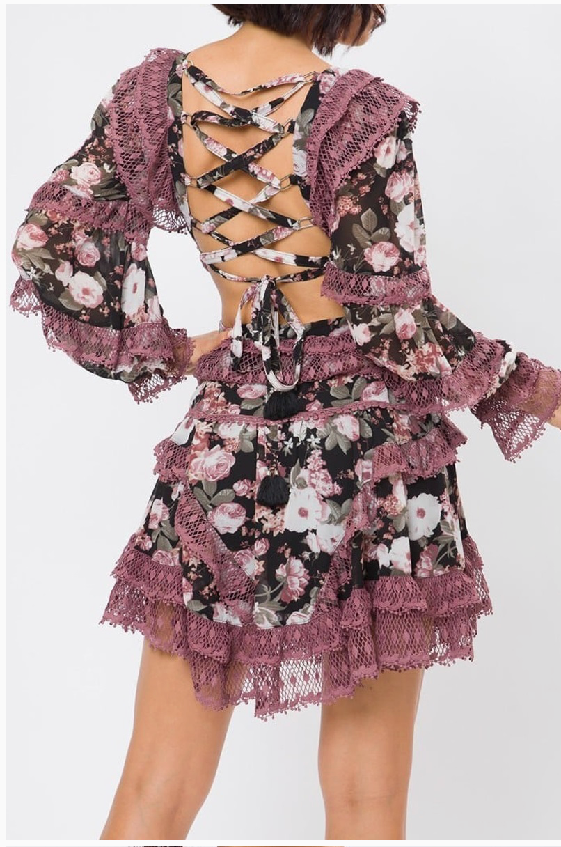 The back of a floral lace dress  showing the exposed back and criss cross details. 