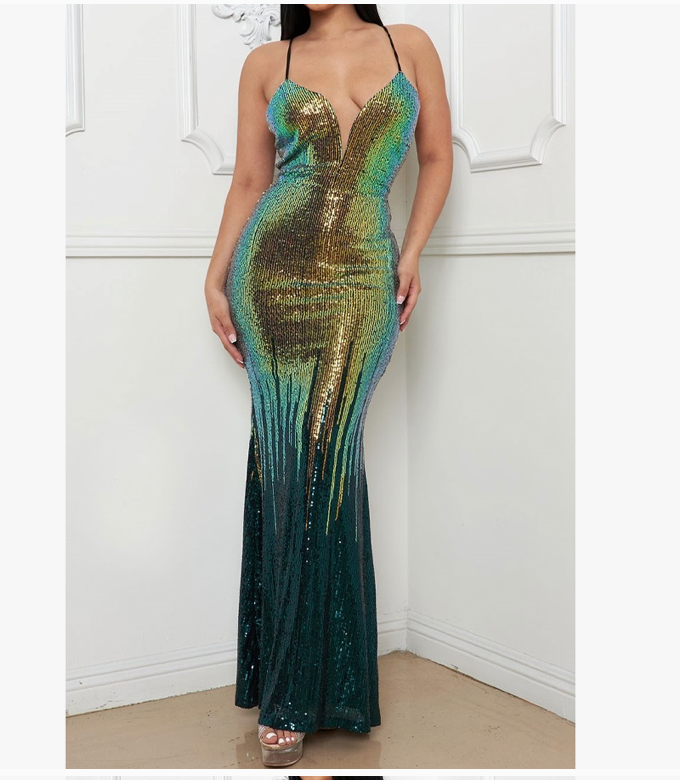 A stunning ombre sequin green dress with a deep v-neckline and spaghetti straps, sparkling sequins cover the dress, transitioning from gold at the top to a darker green at the bottom.