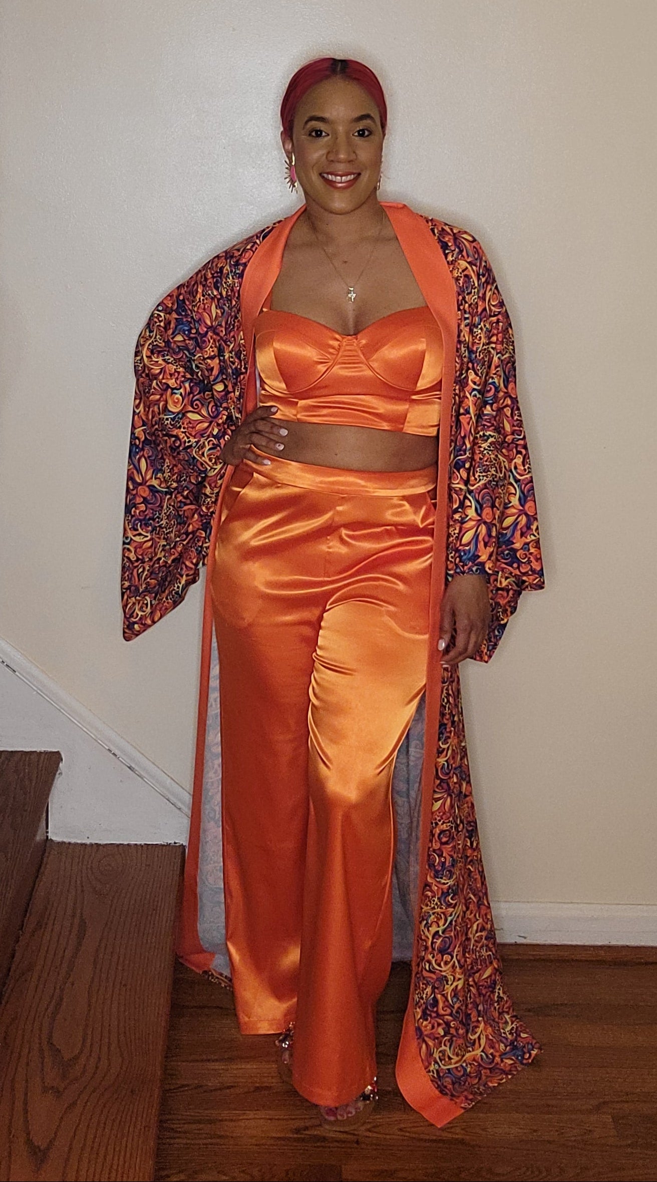 Orange Sunrise Pants Set with Kimono