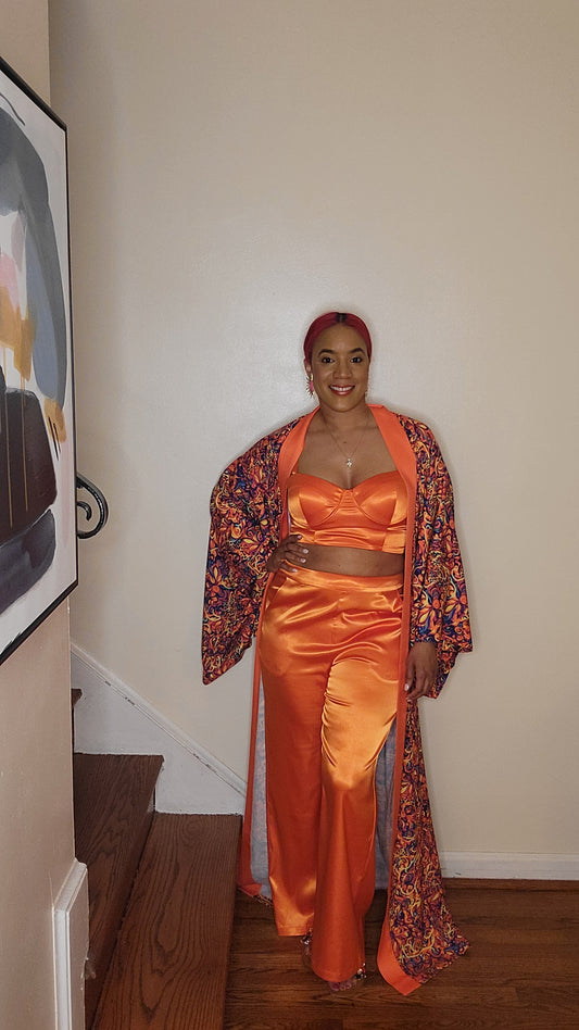 Orange Sunrise Pants Set with Kimono
