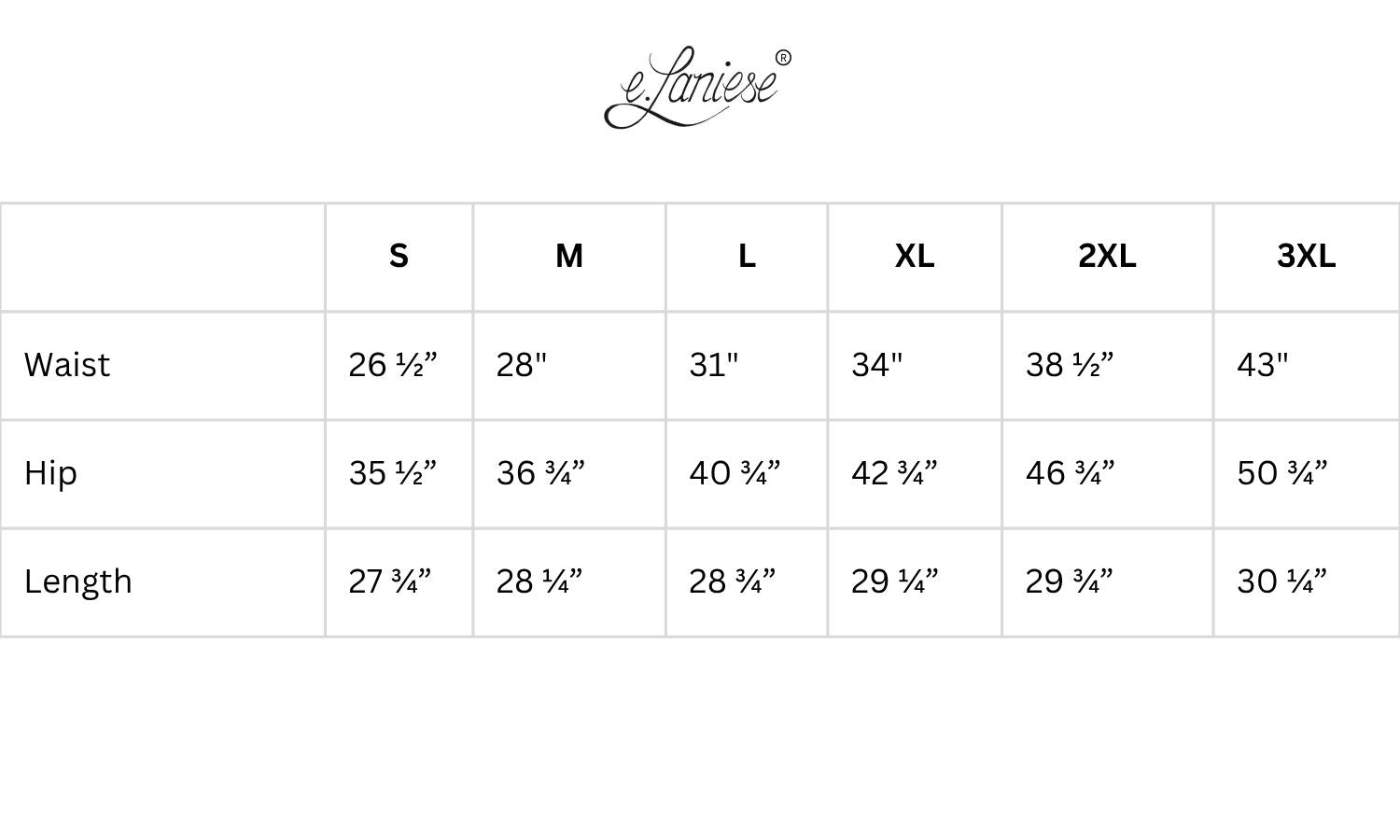 Size chart for clothing with waist, hip, and length measurements in inches, featuring the brand 'e.Laniese'.