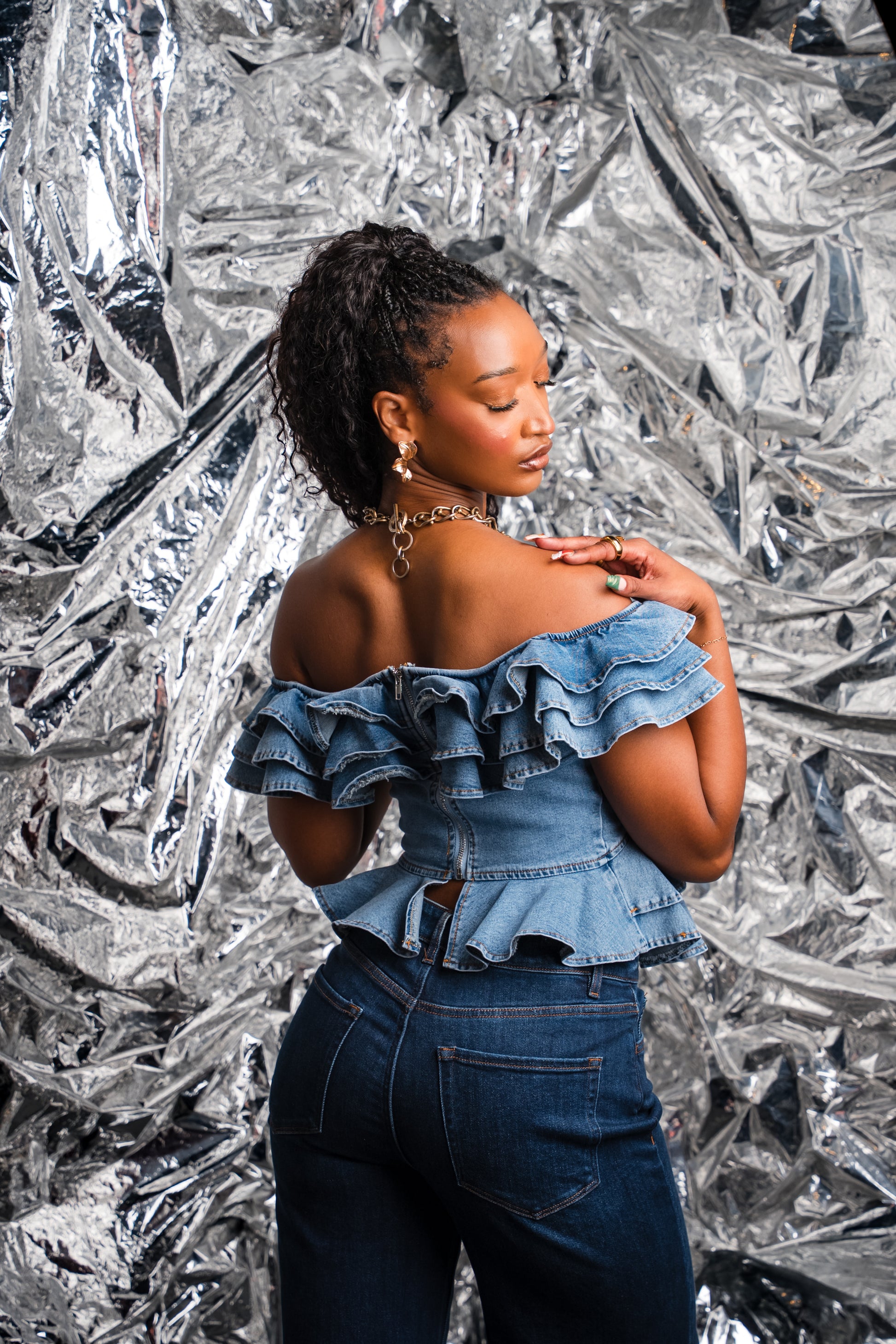 Ruffle Rebel Denim Peplum Top