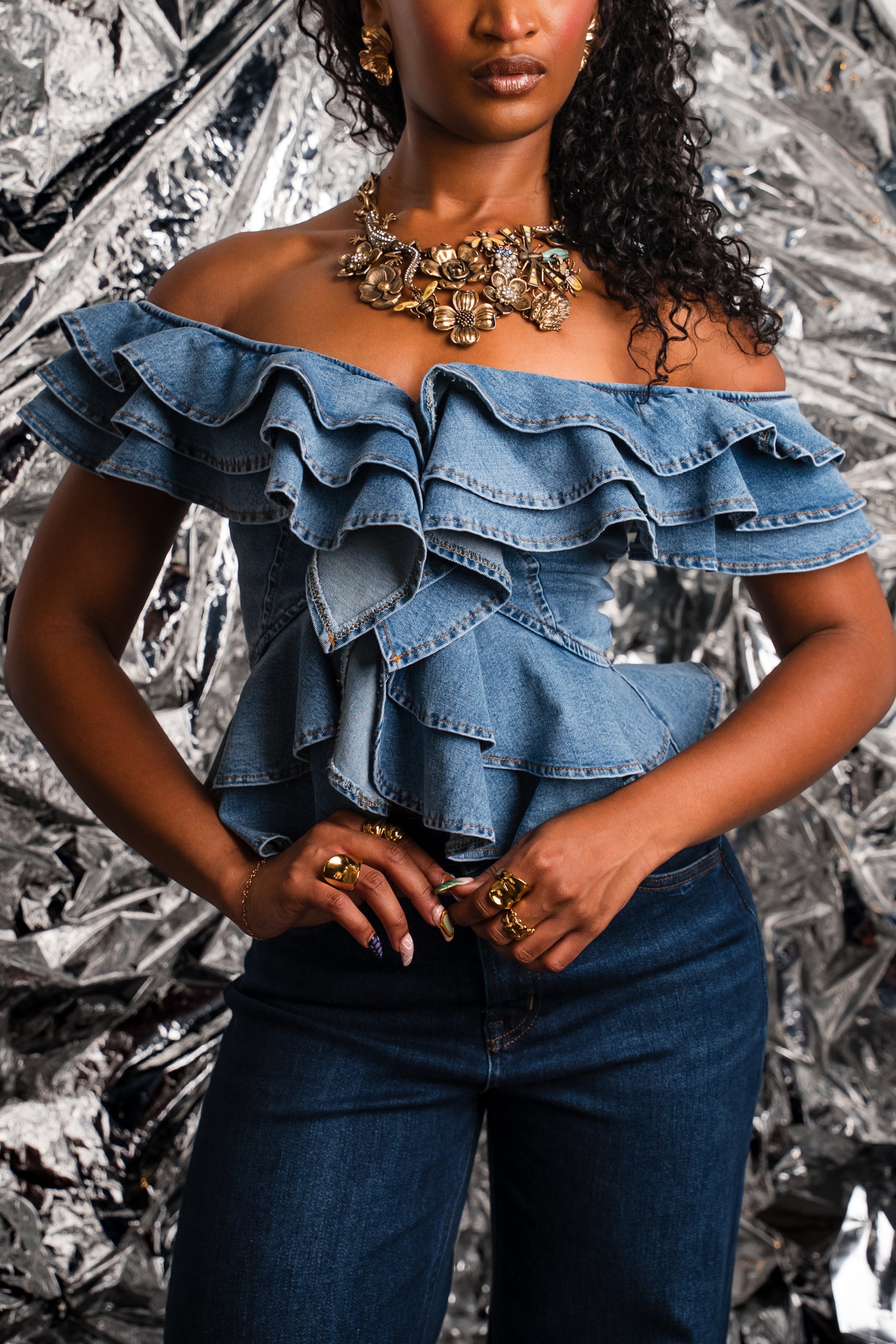 Ruffle Rebel Denim Peplum Top