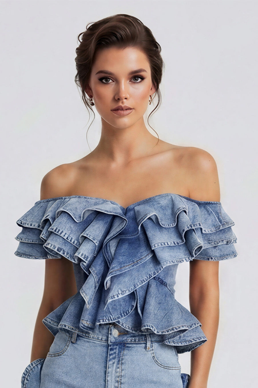 Ruffle Rebel Denim Peplum Top Front 2
