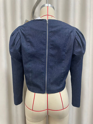 The Erinn Cropped Denim Puff Sleeve Shirt Back