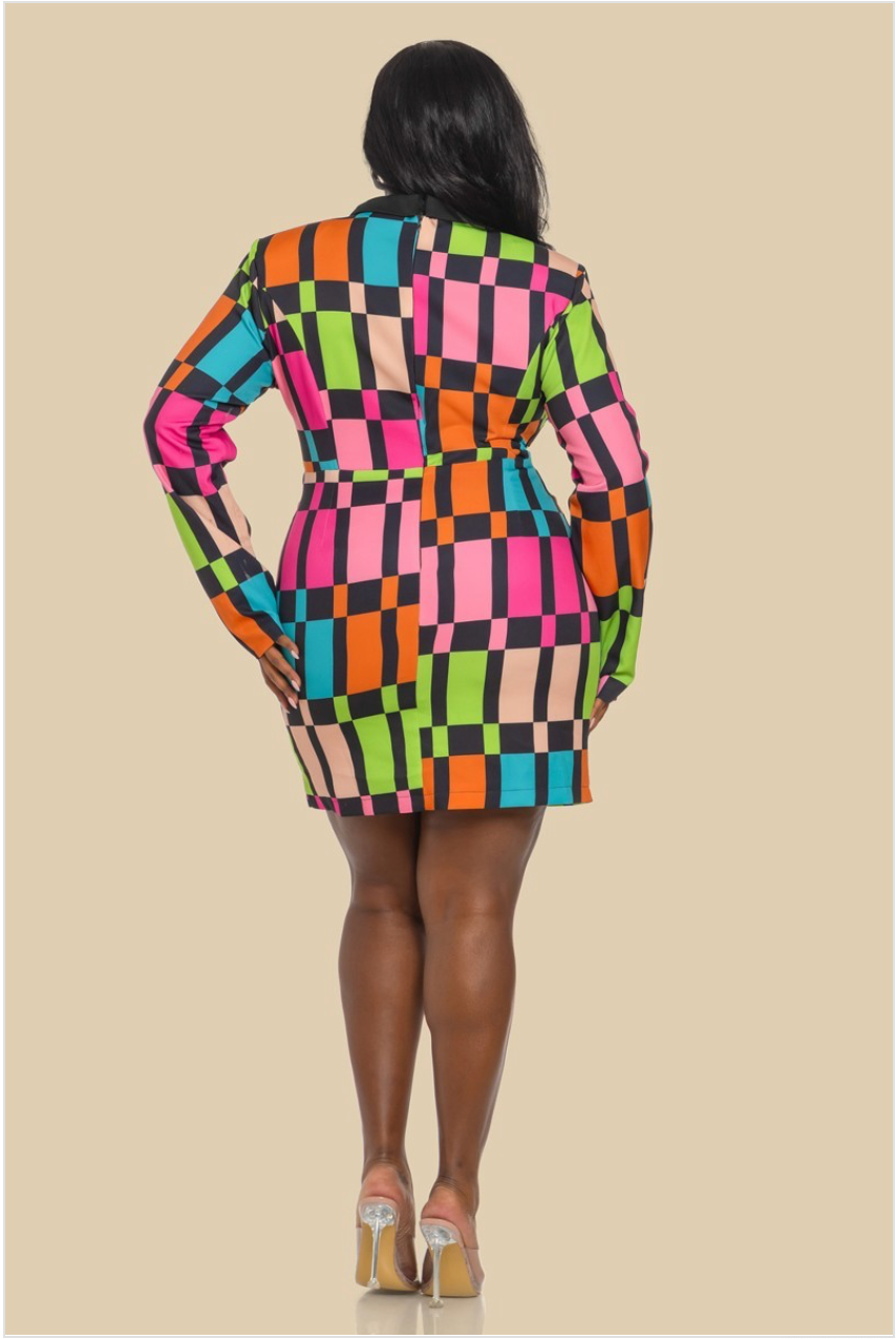 The back of a woman wearing a plus sized multicolored geometric patterned dress with long sleeves and a V-neckline.