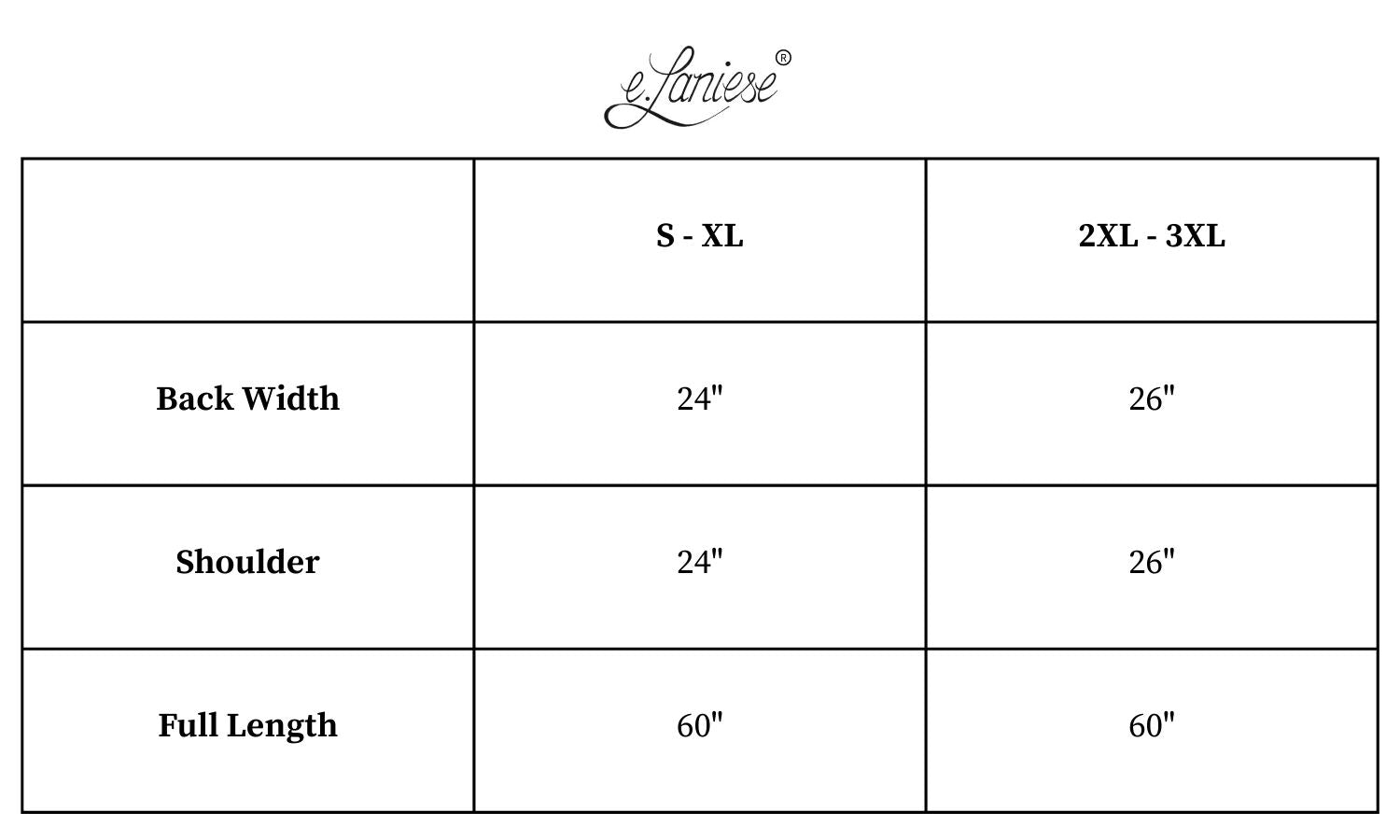 e.Laniese Statement Kimono Size Chart