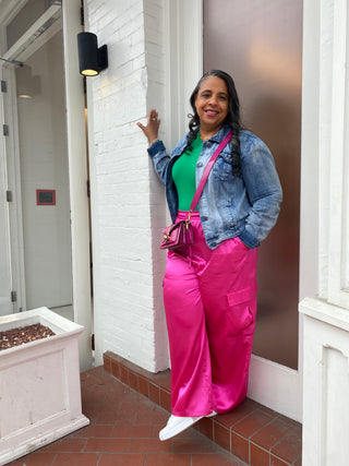 Radiant Rose Satin Cargo Pants